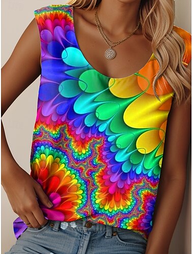  LGBT Pride Parade Pride Regnbåge Kvinnors Linne Tank Top Grafik Geometrisk Vintage Dagligt Stilig Ärmlös Rundhalsad Vanliga Toppar Dagligt Tryck Blå Orange Grön Sommar Vår