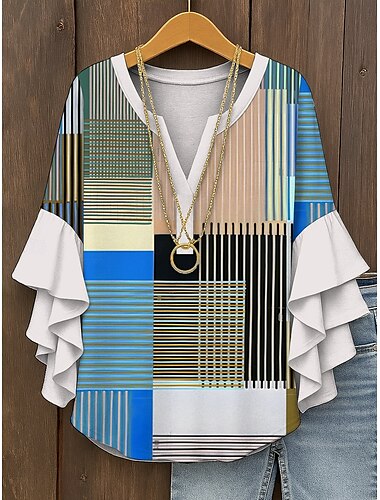  Mujer Blusa Graphic Geométrico Plaid Vintage Diario Elegante Manga 3/4 Escote en Pico Tops regulares Diario Festivos Ropa de vacaciones Volante Estampado Amarillo Rojo Azul Piscina Morado Verde Trébol