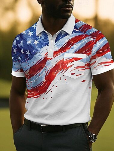  Jour de l'Indépendance Américaine Homme Drapeau Américain Polo Manche Courte Polos Chemises à Col Occasionnel Extérieur Athleisure Tenue quotidienne Boutons Impression 3D Été Bleu