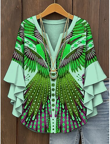  Dames Retro Blouse Gelaagde Rimpel Mouw Tops Vintage Grafisch Geometrisch Abstract Bohemia Vintage Dagelijks 3/4 Lengte Mouw Halve Mouw V Hals Reguliere Tops Dagelijks Vakantie Kleding Print