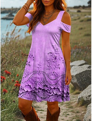  Damen Minikleid A Linie Kleid Sommerkleid Urlaub Lässig Täglich Ferien Normale Passform Blumen Grafik Geometrisch Kurzarm V Ausschnitt Blau Purpur Grün Sommer