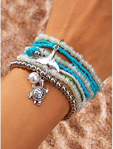  Ensemble de bracelets en perles de queue de tortue et de baleine pour femmes, bijoux inspirés de l'océan avec des accents de perles, de turquoise et d'argent, parfaits pour la plage, l'été et le style bohème