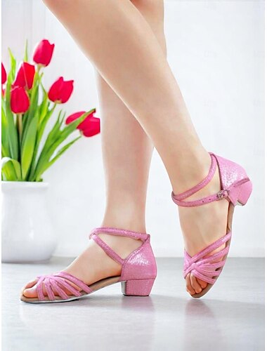  rosa Glitzer-Tanzschuhe für Mädchen und Teenager mit Riemchendesign und niedrigem Absatz für professionelle Tanzauftritte