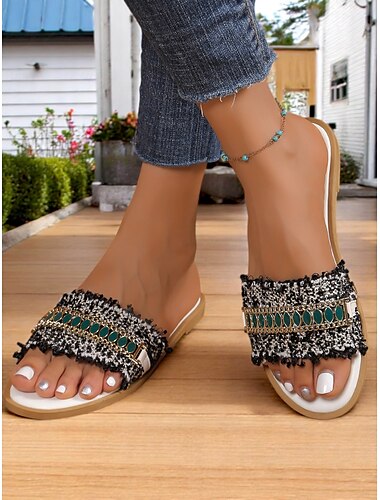  Sandale boho cu franjuri și pietre prețioase verzi, papuci de vară plați pentru ținute casual de plajă și ieșiri zilnice