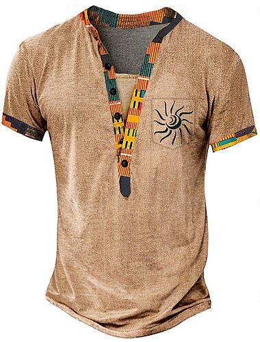  Herren Grafik Stammes Ethnisch T Shirt Henley Hemd T-Shirt Kurzarm Designer Basic Ethnisch Outdoor Lässig Täglich Sommer Hellgrün Hellbraun Khaki Henley Henley T-Shirt