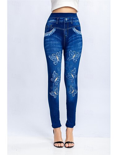  Damen Leggings Hosen 3D Druck Chinos Urlaub Streetwear Casual Voll Länge Hohe Taille Schmetterlingsdruck Bequem Weich Komfortabel Dehnbar Outdoor Straße Schwarz Blau Sommer Slim Fit