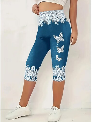  Leggings Capri pour femmes haute élasticité mode vacances hawaïenne longueur mollet taille mi-haute impression graphique respirant doux extensible vacances décontractée quotidienne bleu œuf de