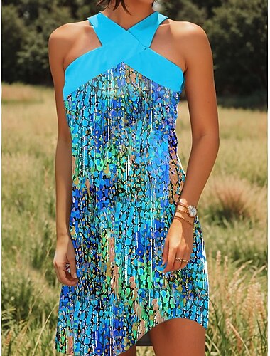  Damen Minikleid Sommerkleid A Linie Kleid Urlaub Lässig Ausgehen Normale Passform Ombre Grafik Tupfen Ärmellos Neckholder Blau Purpur Orange Sommer