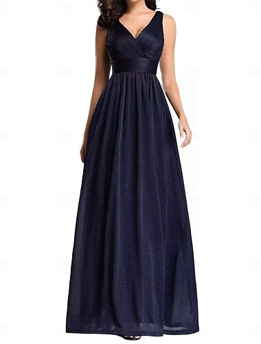  A-Line Wedding Guest Dresses Party Dress Evening Party Prom Floor Length Sleeveless V Neck Cotton Backless with Glitter Ruched