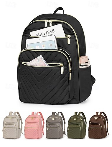 wasserabweisender Damen-Reiserucksack aus Nylon mit gesteppter Fronttasche, goldenen Reißverschlüssen und Gepäckgurt für Business-, Schul- und Wochenendausflüge