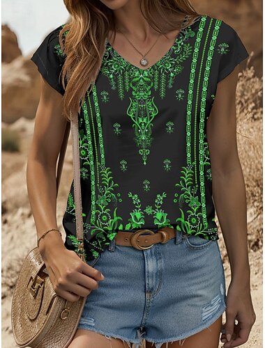  Damen Boho Camisole Tank Top Grafik Geometrisch Vintage Stilvoll Klassisch Ärmellos Kurzarm V-Ausschnitt Normal Oberteile Alltagsdruck Gelb Rot Blau Lila Grün Sommer Frühling