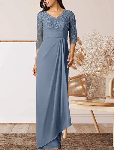  Schlauchkleid Brautmutterkleid Hochzeitsgast Elegant Hoher Schlitz V Ausschnitt Bodenlang Chiffon Dreiviertelarm mit Rüschen Applikationen Raffung 2025