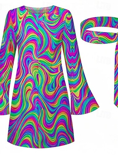  Retro Vintage 1970er Groovy Kleid Stirnband Hippie Disco Psychedelisch Damen Halloween Karneval Urlaub Musikfestival Festival Erwachsene Kleid Stirnband