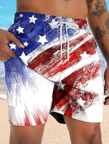  アメリカ独立記念日 男性用 アメリカの米国旗 愛国 裏地付きショートパンツ 2 in 1 スイムショーツ スイムトランク ミディアムウエスト 祝日 サイドポケット コンプレッションライナー付き 伸縮性のあるドローストリングウエスト デザイナー 衣類