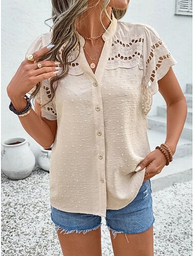  Damen Spitzenbluse Einfarbig Stilvoll Lässig Kurzarm V Ausschnitt Normale Oberteile Täglich Spitze Patchwork Knöpfe Schwarz Rosa Himmelblau Grün Aprikose Sommer
