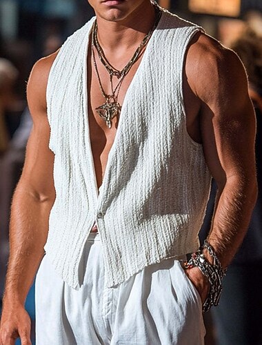  Herre Vest Top Underskorte Ærmeløs skjorte Uden ærmer Dyb V Forår sommer Ensfarvet / almindelig farve Mode Designer Ferierejse Gade I-byen-tøj Hvid Top T-shirt til mænd