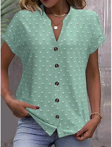  Kvinders skjorte knap-ned bluse ensfarvet vintage stilfuld afslappet kortærmet skjorte knap-ned bluse krave almindelige toppe daglig knap ring lys grøn blå khaki sommer