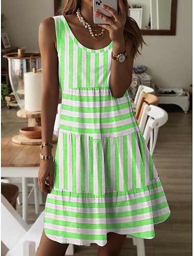  Damen Minikleid A Linie Kleid Sommerkleid Urlaub Lässig Täglich Normale Passform Geometrisch Ärmellos Rundhalsausschnitt Rosa Blau Grün Sommer