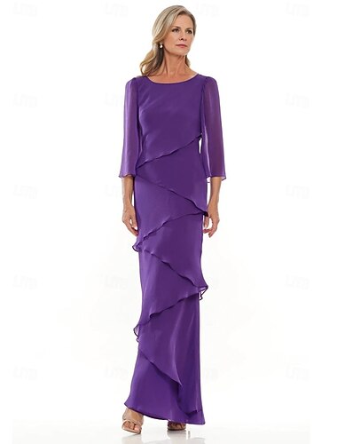  Mère de la Mariée Violet Rose Élégant Simple Col Bijou Longueur Du Sol Chiffon Manches 3/4 Avec Volants Cascadants Couleur Unie 2025