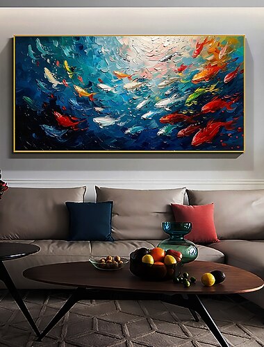 Pintura a óleo de peixe colorida original feita à mão sobre tela abstrata escola de peixes arte de parede para decoração de casa com moldura esticada sem moldura interna pintura