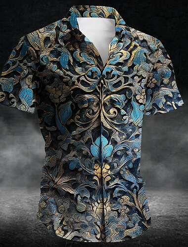  Herre Paisley Etnisk Blomster Skjorte Sommer skjorte Button Up skjorte Kortærmet Vintage retro udendørs Ferierejse Hverdag Sommer Forår Aftæpning 3D-udskrivning krave skjorter Sort