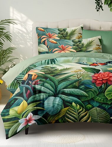 Funda nórdica de plantas tropicales y flores 100% algodón set de ropa de cama tamaño completo cubierta de colcha suave y ligera con 2 fundas de almohada para todas las estaciones