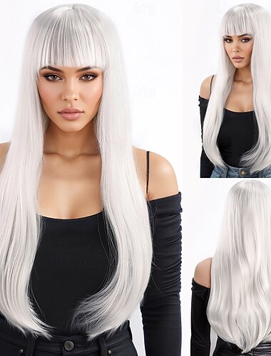  Synthetische Perücken Kinky Glatt Natürlich glatt Stufenschnitt Mit Pony Maschinell hergestellt Perücke 24 Zoll A1 Synthetische Haare Damen Klassisch Bequem Farbverläufe Weiß