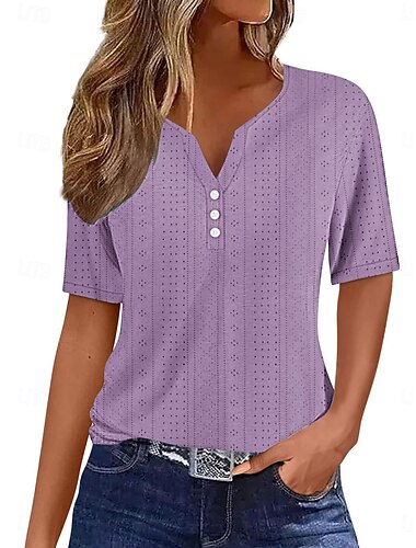  Damen T-Shirt Einfarbig Schlicht Stylisch Modern Lässig Kurzarm V-Ausschnitt Regelmäßige Oberteile Alltag Wochenende Latz Schwarz Weiß Pink Blau Lila Sommer