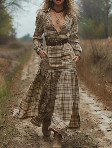  Dames Halflange jurk Boho-jurk Westerse kleding Modieus Klassiek Buiten Vakantie Uitgaan Normale pasvorm Ruitjes Lange mouw Overhemdkraag Khaki Zomer