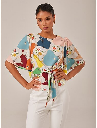  Γυναικεία Γυναίκα Casual πουκάμισο Γεωμετρικό Άνθινο Causal Φανέλα Multi Color Στάμπα Σταύρωμα στη μέση Κοντομάνικο Κομψό Βοημία Διακοπές Χαμόγελο Καλοκαίρι Άνοιξη