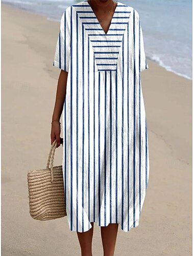  Damen Midikleid Sommerkleid A Linie Kleid Urlaub Lässig Strand Party Ausgehen Strand Lässiger Schnitt Grafik Geometrisch Kurzarm V Ausschnitt Blau Weiß Hellgrün Königliches Blau Blau Sommer Frühling