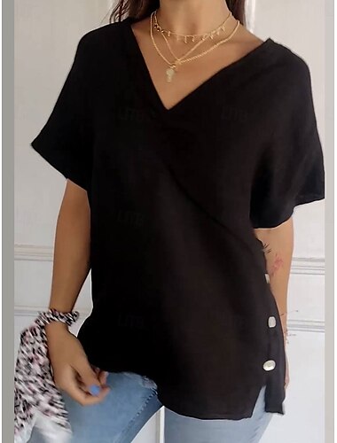  damebluse i bomull og lin ensfarget elegant avslappet kortermet v-hals vanlig topper daglig ferie knapper svart hvit brun sommer