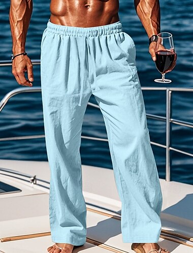  Herren Leinenhosen Hose Sommerhose Baggy-Hosen Strandhose Kordelzug Elastischer Bund Gerader Schnitt Einfach Komfort Atmungsaktiv Volle Länge Lässig Täglich Ferien Urlaub Klassicher Stil Schwarz Weiß