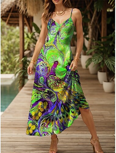  Women's Maxi Dress Sundress A Line Dress Slip Dress Vacation Casual Flowy Beach Regular Fit Floral Graphic Animal Sleeveless V Neck Spaghetti Strap Yellow Red Blue Purple Summer Spring