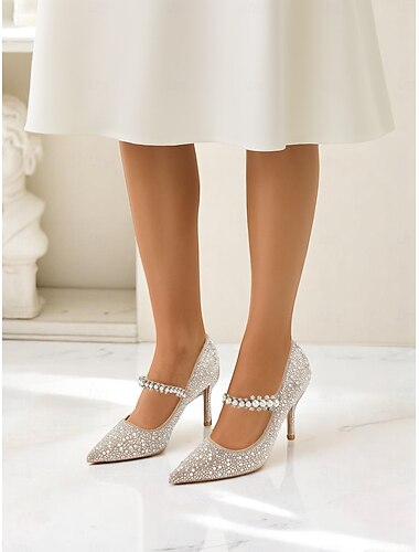  décolleté da donna con punta affilata, decorate con perle e cinturino posteriore - tacchi alti chic per cocktail party serali