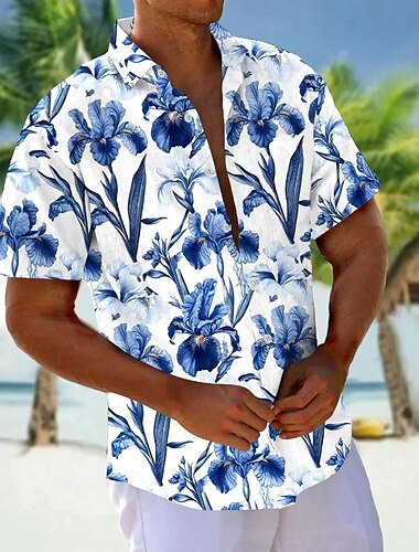  Herren Blumendruck Blumen Hemd Sommerhemd Knopfhemd Kurzarm Modisch lässig Outdoor Urlaub Alltagskleidung Sommer Frühling Umlegekragen 3D-Druck Hemden mit Kragen Weiß