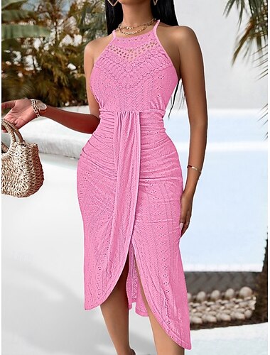  Femmes Robe Midi Robe fourreau Robe Portefeuille Robe Nuisette Robe à œillets Occasionnel Chaussures de plage Extérieur Sortir Plage Coupe régulière Couleur Unie Sans manches Col Halter Noir Jaune