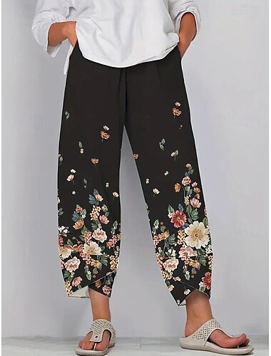  Damen Weites Bein Chinos Baggy-Hosen Urlaub Vintage Ethno-Stil Volle Länge Hohe Taille Blumen Grafik Drucken Thermowarm Atmungsaktiv Weich Mikroelastisch Urlaub Straße Lässig Dunkelgrau Rubinrot