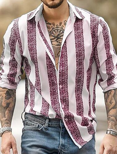  Voor heren Geometrisch Gestreept Overhemd Overhemd met knopen Casual overhemd Lange mouw Mode-casual Formeel Vakantie Dagelijks gebruik Zomer Lente Strijkijzer 3D-afdrukken shirts met kraag Zwart