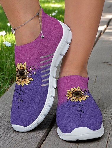  Graue Slip-On-Sneaker aus Flyknit für Damen mit Sonnenblumen-Print – leichte Freizeit-Wanderschuhe für Reisen, den Alltag und Frühlingsausflüge