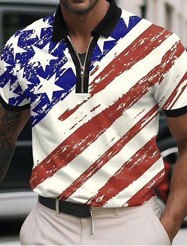  4. července 2026 250. Pánské Americká americká vlajka Polo na zip Krátký rukáv Polo tričko Přehnutý Běžné Denní Ležérní Zapni 3D tisk Léto Tiffany tyrkysová