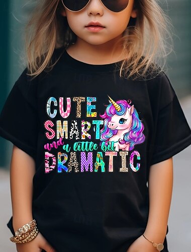  100% Baumwolle Kinder Mädchen Schwarz Einhorn Buchstaben T-Shirt Rundhalsausschnitt Kurzarm Outdoor Urlaub Täglich Klassisch Lässig Druck Sommer