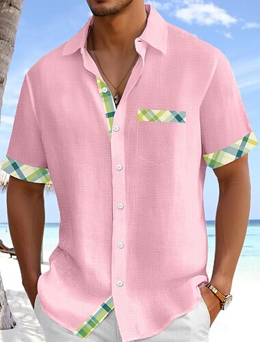  Per uomo Camicia Camicia di lino Camicia Estiva Abbigliamento da spiaggia Camicia con Bottoni Tinta unica Vacanza Crociera Bianco Rosa Arancione Verde Manica Corta Colletto Estate Primavera & Estate