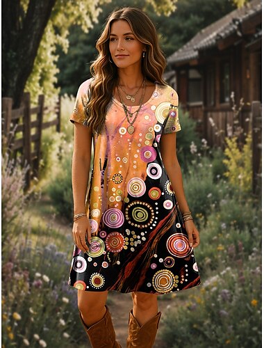  Damen Minikleid T-Shirt-Kleid A Linie Kleid Sommerkleid Lässig Täglich Normale Passform Grafik Geometrisch Kurzarm Rundhalsausschnitt Gelb Rote Blau Purpur Sommer Frühling