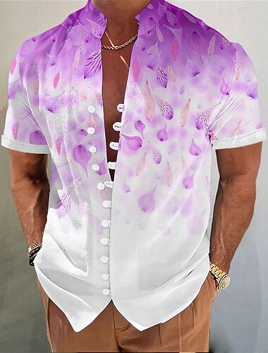  Herren Blumendruck Farbverlauf Blumen Sommer Hawaiihemd Alohahemd Stehkragenhemd Kurzarm Hawaiianisch Urlaub Strandbekleidung Sommer Frühling Mandarinkragen 3D-Druck Button-Down-Hemden Rosa Blau