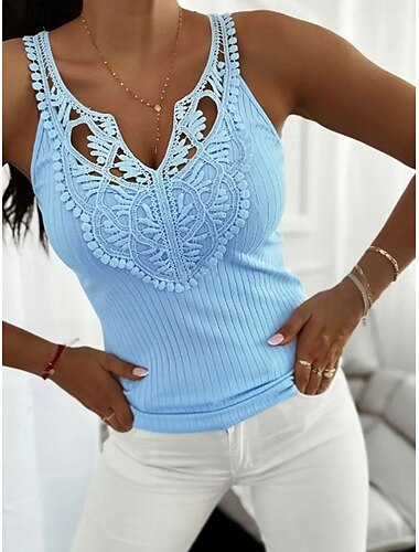  Femmes Débardeur caraco Uni Élégant Occasionnel Sans manches Col en V Hauts Réguliers Quotidien Fête Dentelle Froncé Noir Blanche Jaune Rose Claire Bleu Été Printemps