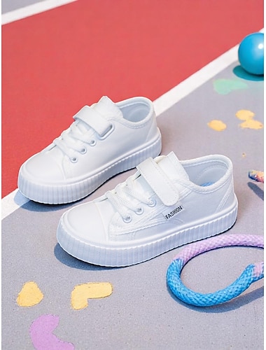  Baskets blanches en toile pour filles avec fermeture auto-agrippante – Chaussures de jeu légères pour la rentrée scolaire, idéales pour la vie quotidienne sur le campus, les cours d'éducation physique et les jeux en plein air
