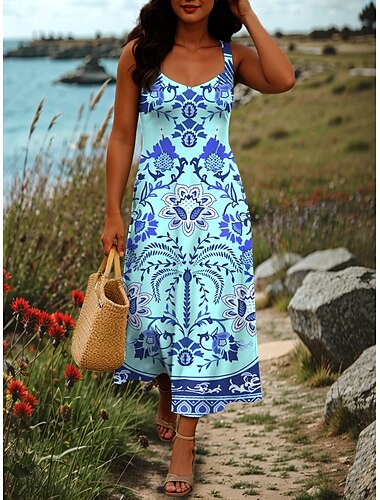  Dames Maxi-jurk A lijn jurk Off-the-shoulder jurk Vakantie Casual Boho Feest Normale pasvorm Grafisch Tribal Mouwloos Vierkante hals Rood Licht blauw Zomer Lente