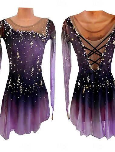  Eiskunstlaufkleid Damen Mädchen Eislaufen Kleid Purpur Daumenloch Halo-Färbung Hohe Elastizität Professionell Wettbewerb Eiskunstlaufkleidung Thermowarm Kristall / Strass Langarm Eislaufen