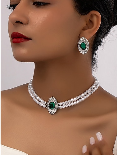 Damen-Set aus Vintage-Perlenkette und Ohrringen – eleganter doppelreihiger Perlenschmuck mit goldenen ovalen Akzenten für Damen, ideal für Hochzeiten, Partys und formelle Anlässe